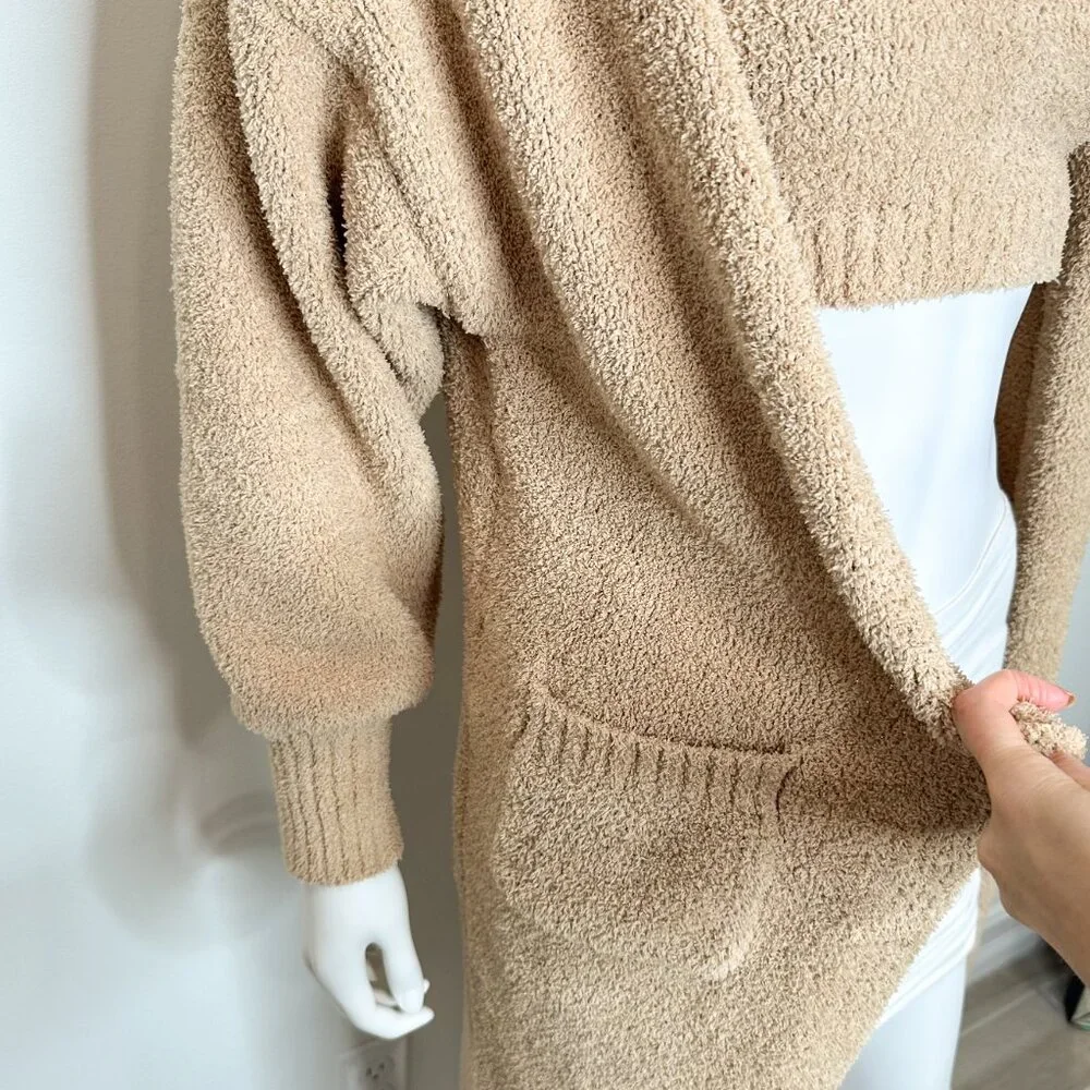 RESA Teddy Cozy Lounge Set Bralette Crop Top and Cardigan Robe in Taupe Tan Sz S